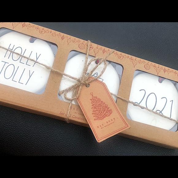 RAE DUNN: Set of 3 Ceramic Christmas Ornaments - “Holly Jolly” “2021” “🎁”
